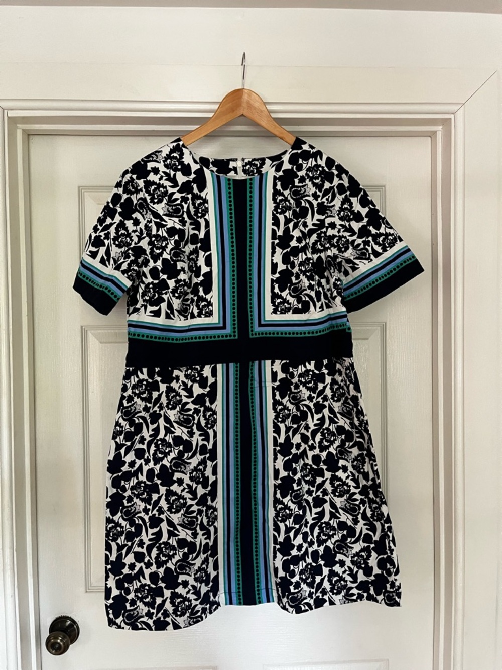 Boden navy & White Floral Mini Dress with Teal Stripe